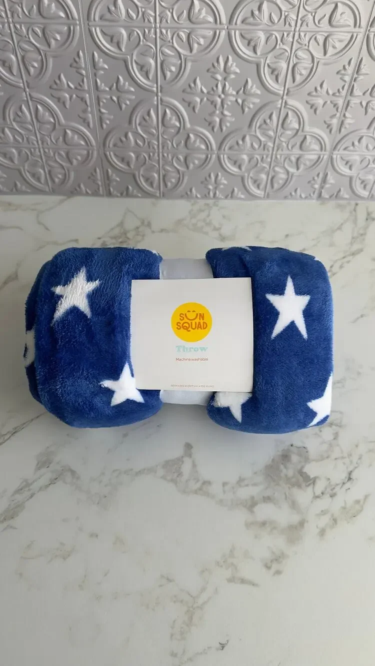 Sun Squad Star Printed Plush Throw Blanket Royal Blue White Stars 50